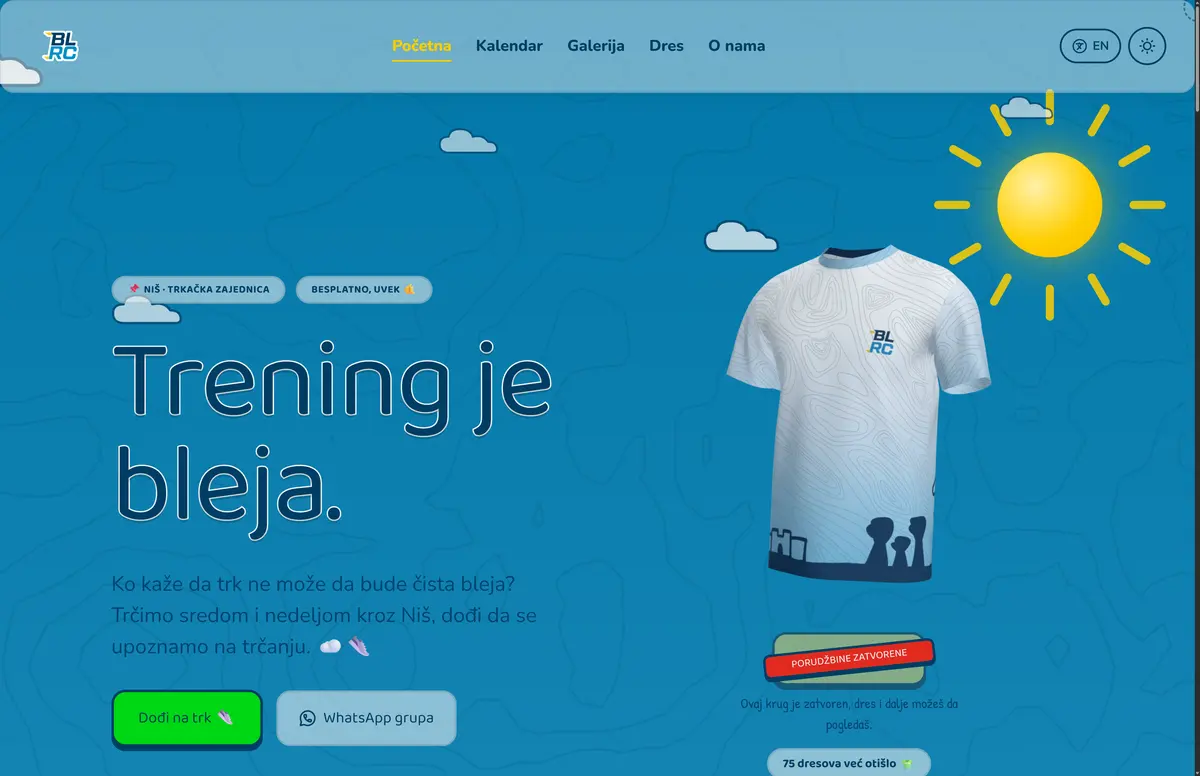 BLEJA Running Club homepage with the 3D jersey and the headline 'Trening je bleja.'